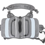 Gray waist bag with multiple straps on a white background